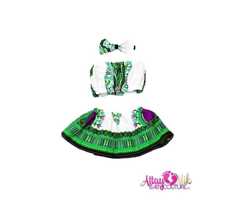 Green and White Dashiki  Set