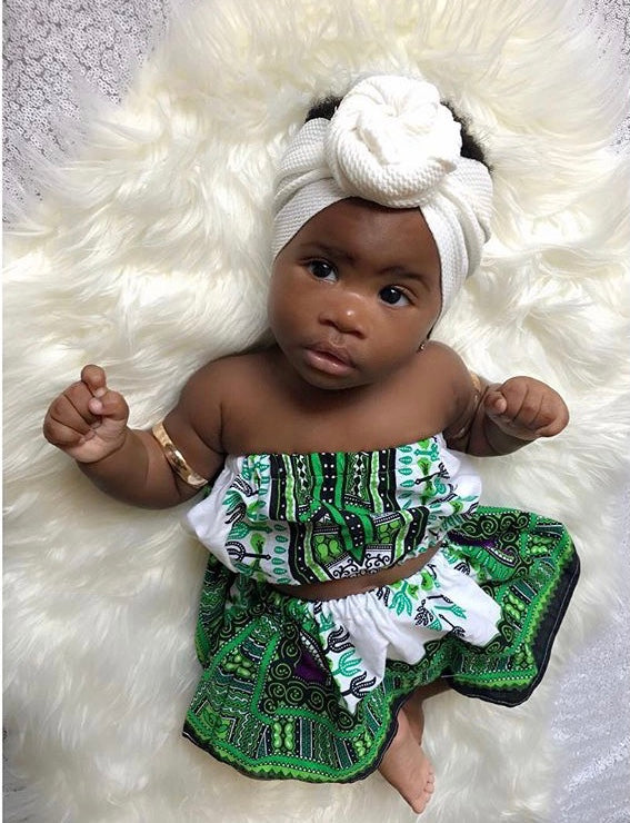 Green and White Dashiki  Set